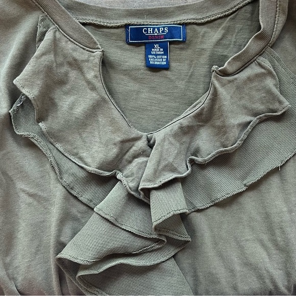 Chaps Olive Green Ruffle Neck 3/4 Sleeve Top Blouse XL - Picture 4 of 4